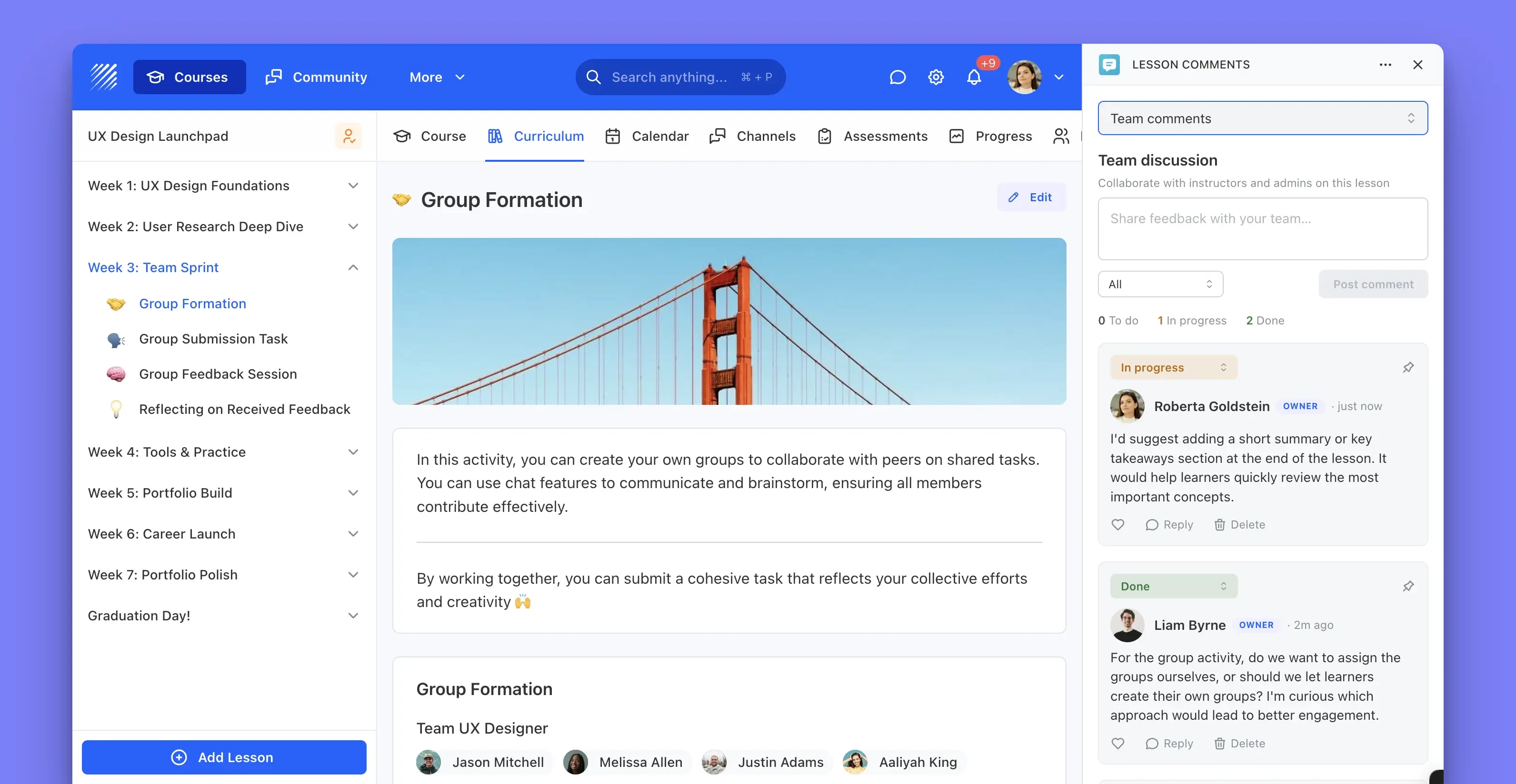 Teachfloor Lesson Comments app list of comments as task team perspective screenshot